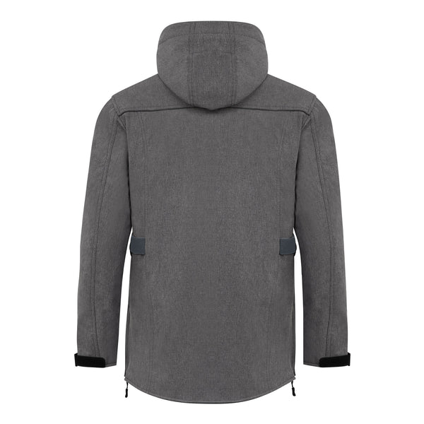 Back of a sleek grey womens motorbike jacket with adjustable waist and hips, featuring a waterproof hood for women riders