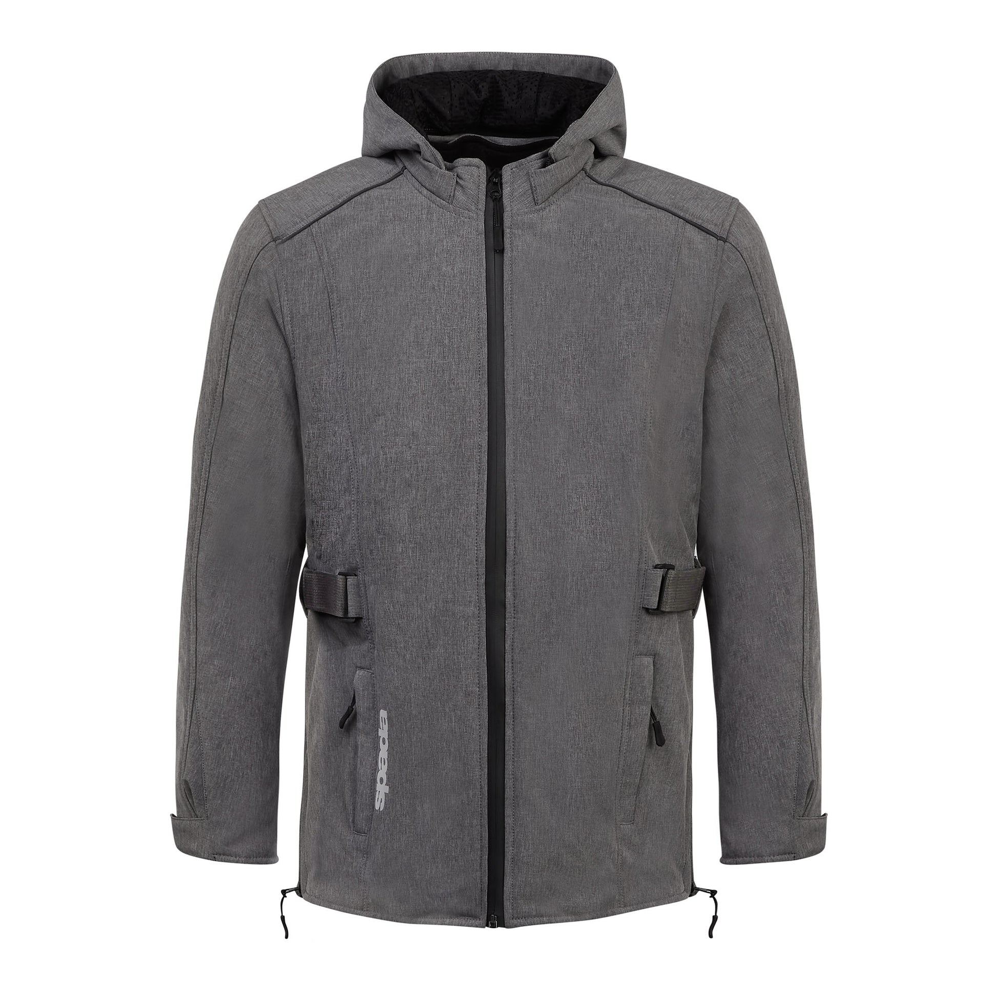 Front-facing grey ladies motorcycle jacket with hood – waterproof and ergonomically designed for womens perfect fit and comfort