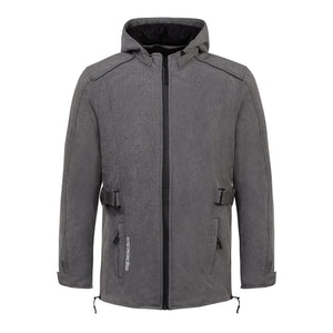 Front-facing grey ladies motorcycle jacket with hood – waterproof and ergonomically designed for womens perfect fit and comfort