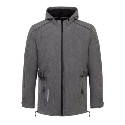 Front-facing grey ladies motorcycle jacket with hood – waterproof and ergonomically designed for womens perfect fit and comfort