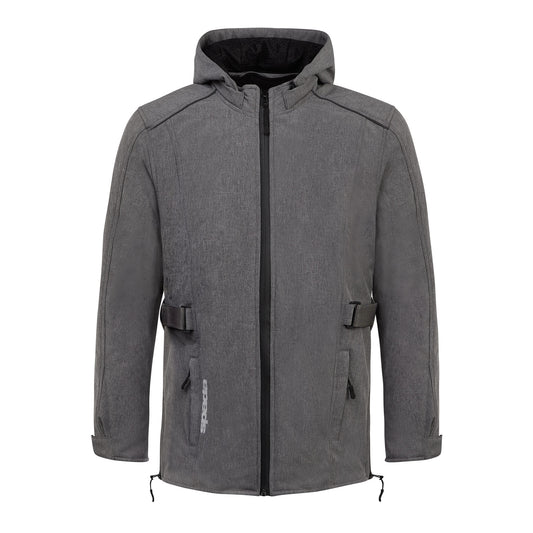 Front-facing grey ladies motorcycle jacket with hood – waterproof and ergonomically designed for womens perfect fit and comfort