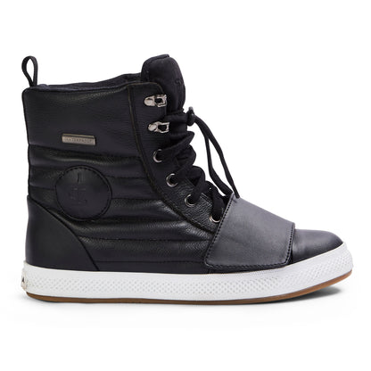 Outer side view of Heat Black motorcycle trainer showing quilted leather and smooth toe cap