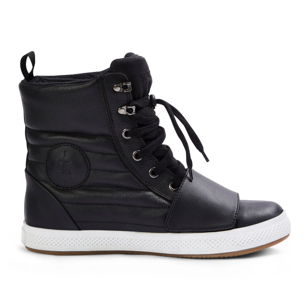 Inner side view of Heat Black high-top trainer highlighting ankle protector and weatherproof design
