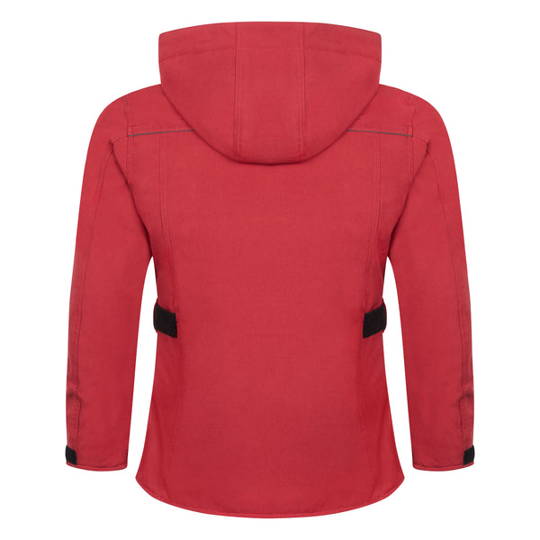 Back of a red waterproof ladies motorcycle jacket with hood – designed for women riders with adjustable waist and hip features for comfort and protection