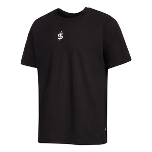 side view of black spasa tshirt with white logo