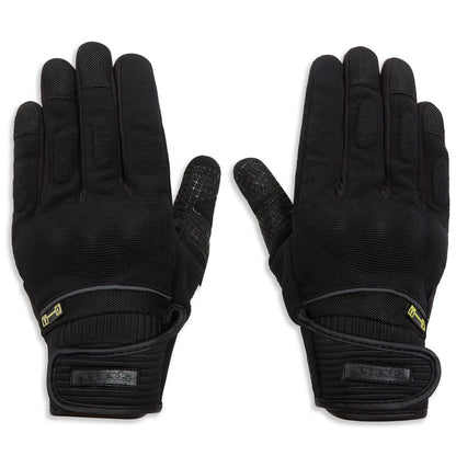 black textile waterproof motorcycle gloves with leather reinforcements