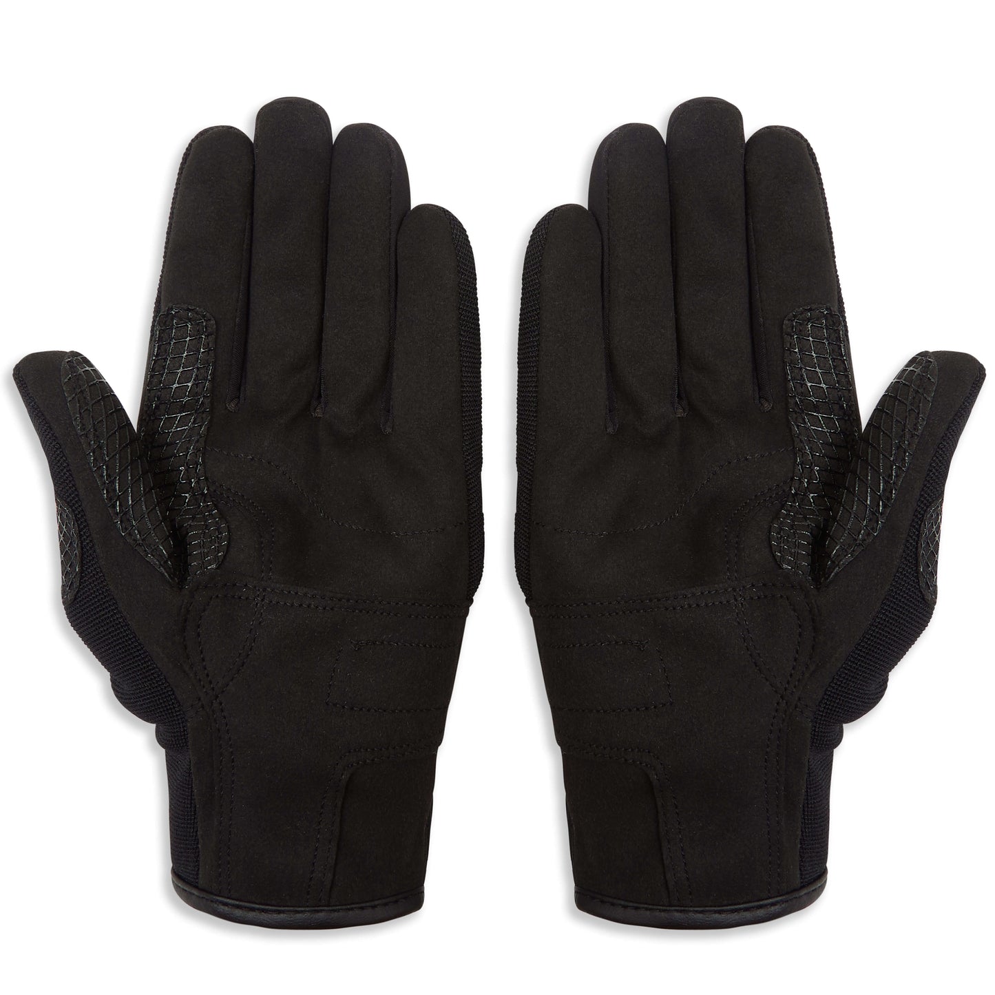 black textile motorcycle gloves with leather reinforcements