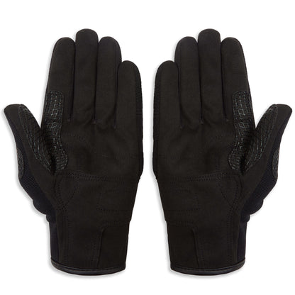 black textile motorcycle gloves with leather reinforcements