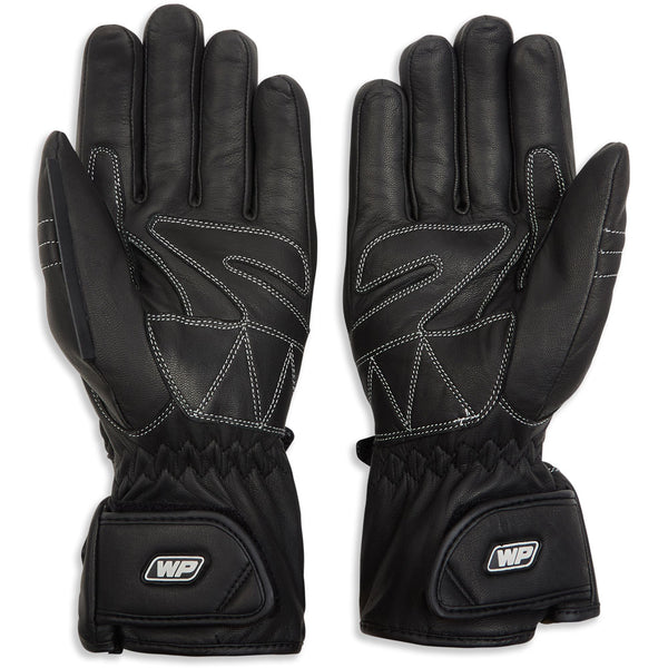 back of black leather waterproof motorcycle gloves with white stitching details