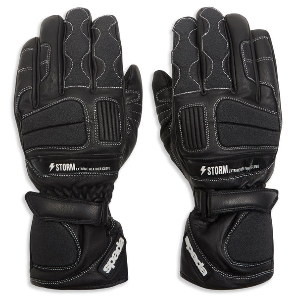 front of black leather waterproof motorcycle gloves with white stitching details