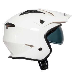 side of white open face motorbike helmet with white peak and tinted visor