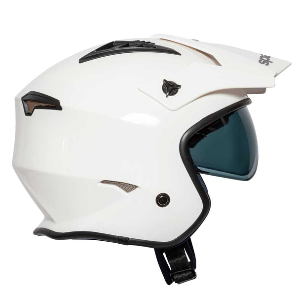 side of white open face motorbike helmet with white peak and tinted visor