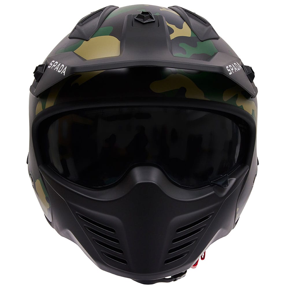 front of camo design open face motorcycle helmet with ant scratch visor