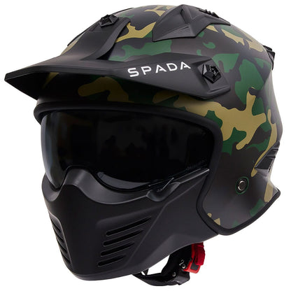 side view of camo design open face motorcycle helmet with anti scratch visor