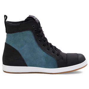 inside of suede black and blue motorcycle trainers