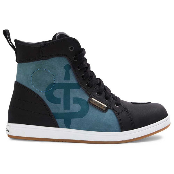 side of black and blue lace up motorcycle trainers