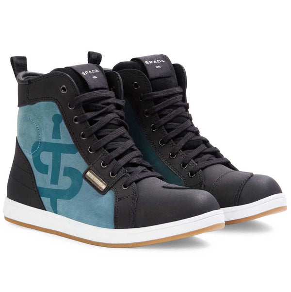 pair of black and blue motorcycle high top trainers