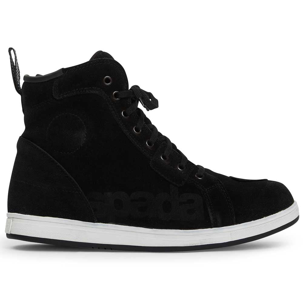 outer of black leather and nubuck motorcycle trainers with spada logo