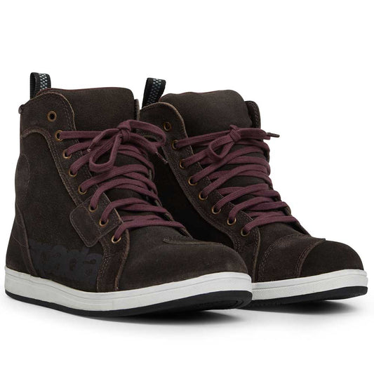 pair of brown lace up motorcycle trainers