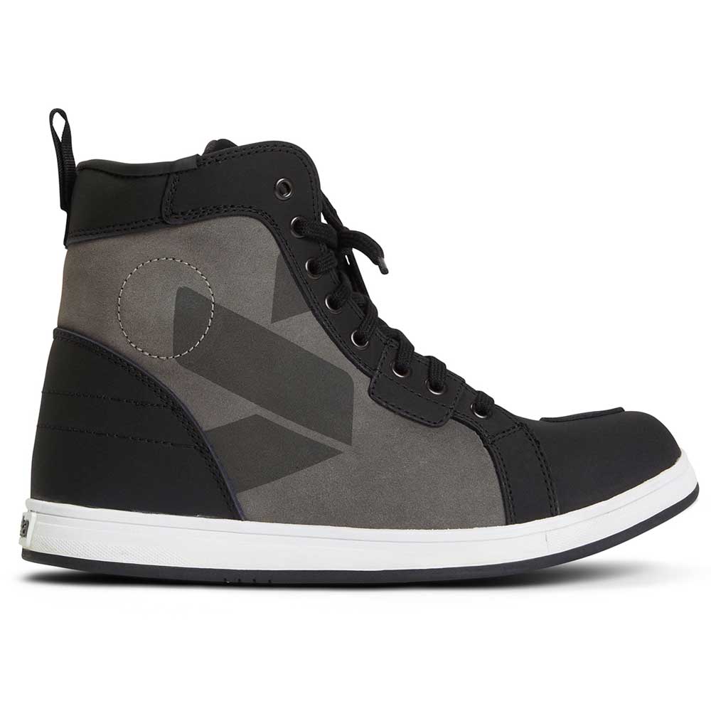 side of strider black and carbon grey trainers with spada logo on suede inner