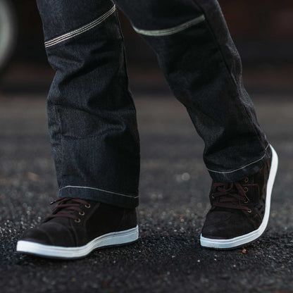 brown and white motorbike high top trainers