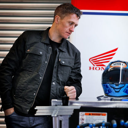 dean harrison wearing motorcycle jacket with removable faux collar