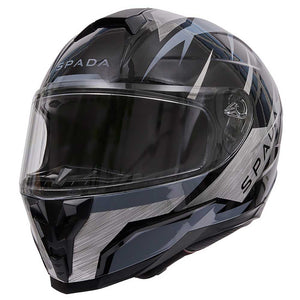 A full face motorbike helmet with a black and grey design, featuring a clear visor and a SPADA brand logo.
