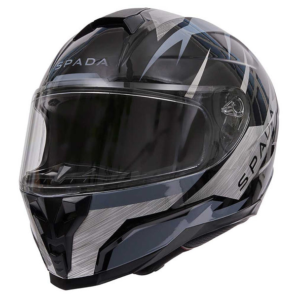 A full face motorbike helmet with a black and grey design, featuring a clear visor and a SPADA brand logo.