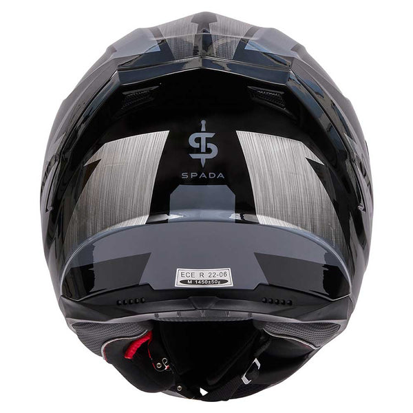 back of black and grey motorbike helmet with spada logo on back
