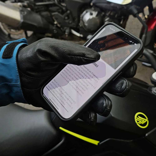 touchscreen compatible black leather gloves for motorbike riding