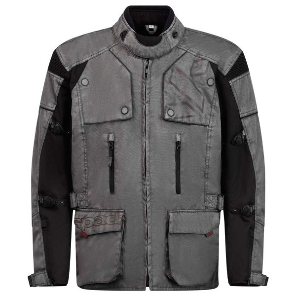 front of grey motorcycle jacket with large pockets