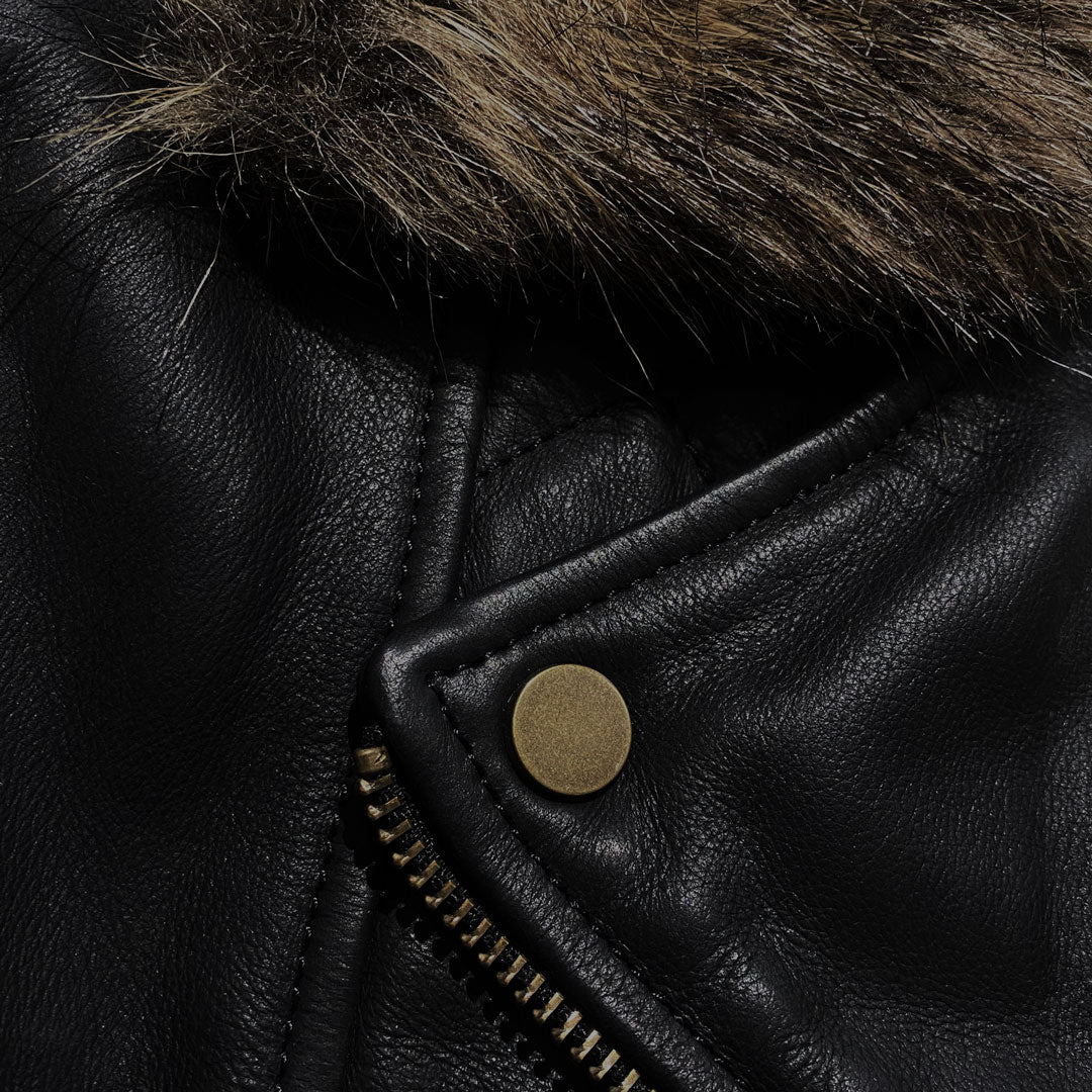 closeup of faux fur on leather jacket for women