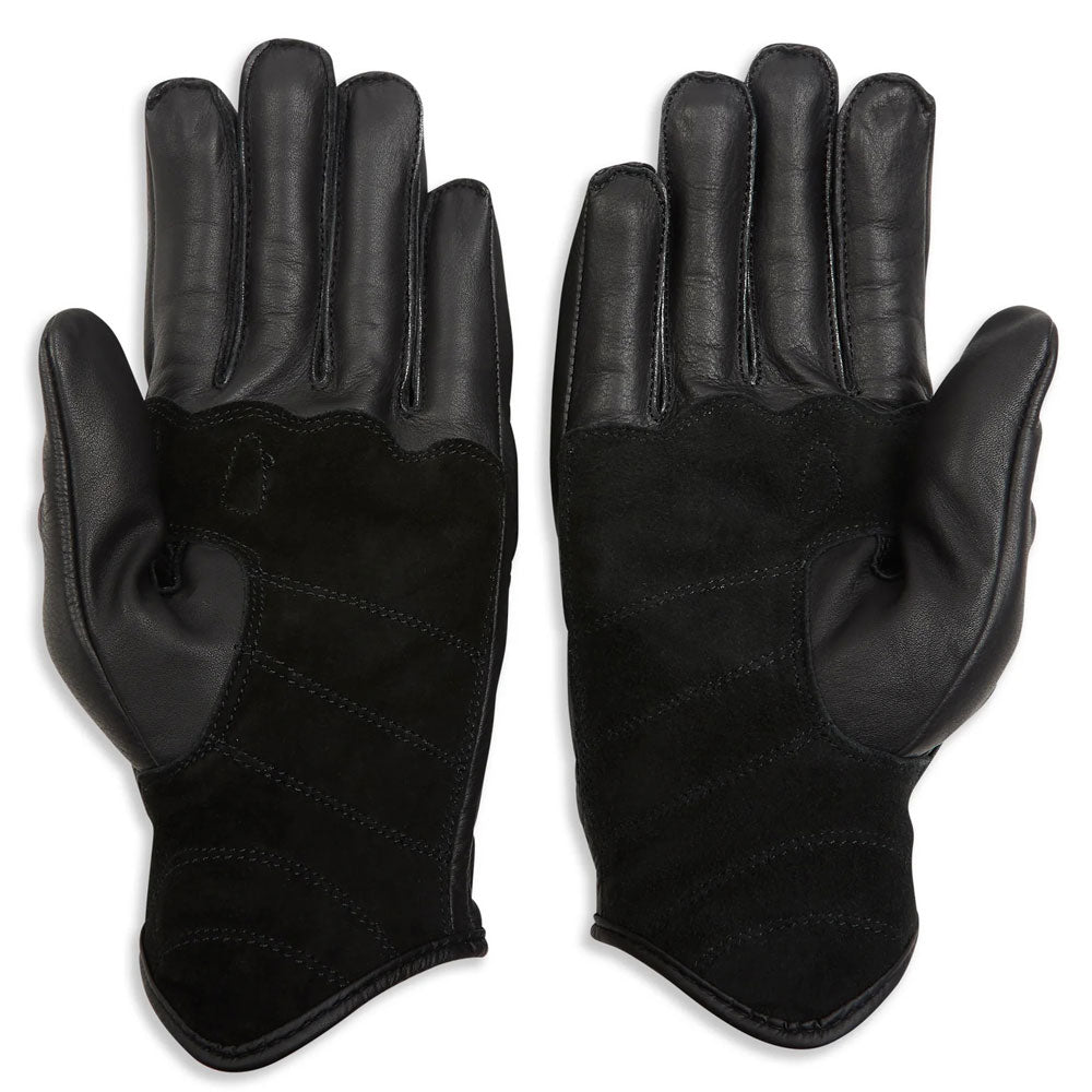 back of classic black leather motorcycle gloves with suede stitch palm