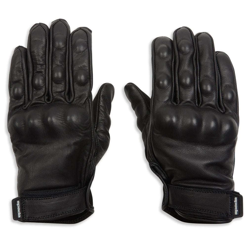 front of classic black leather motorcycle gloves with knuckle protection