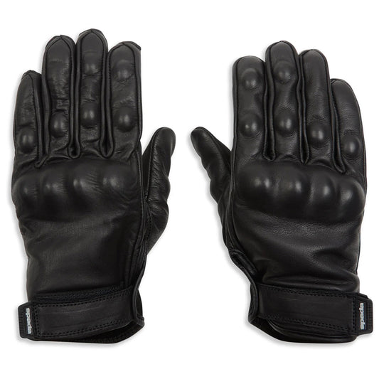 front of women's black leather goathide motorcycle gloves with knuckle protection