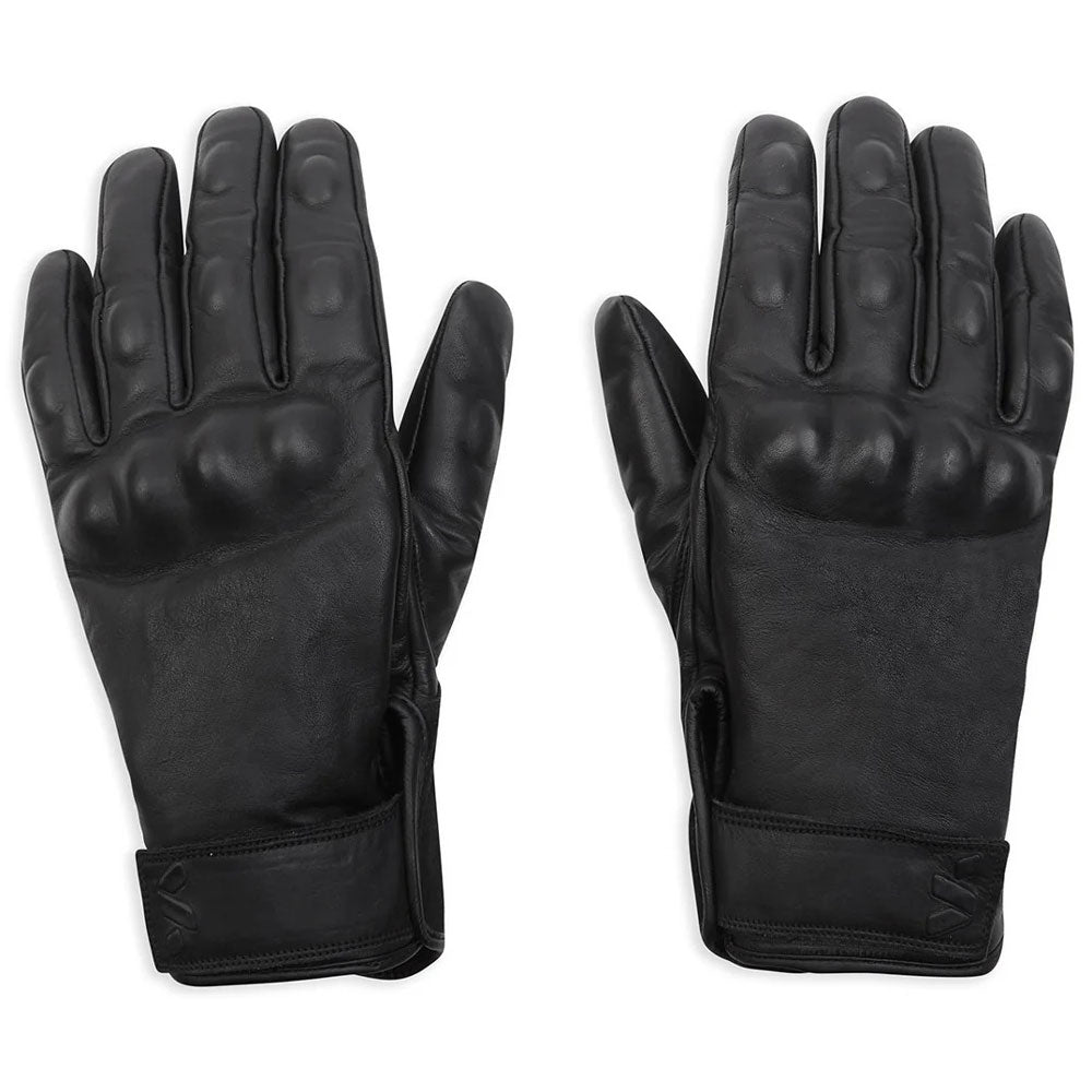 front of classic black leather motorcycle gloves with waterproof membrane