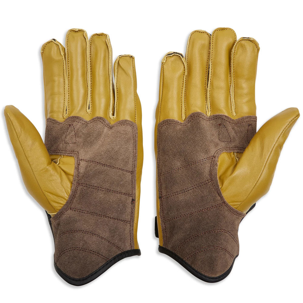 tan yellow leather motorcycle gloves with suede reinforced stitched palm area