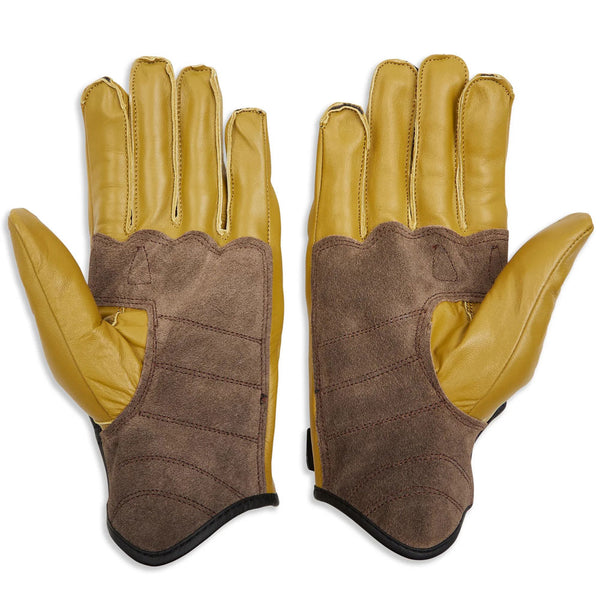 tan yellow leather motorcycle gloves with suede reinforced stitched palm area