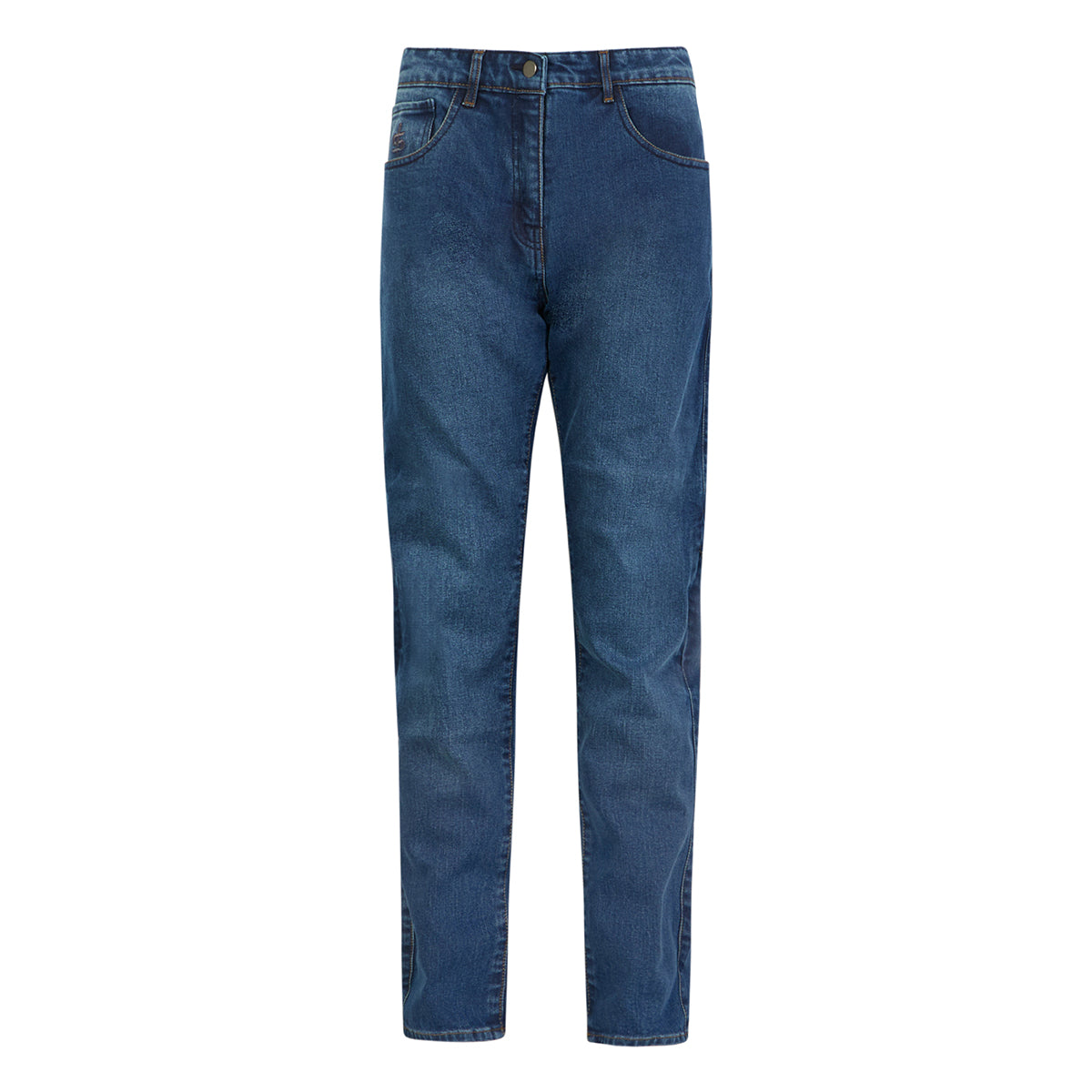 Ladies’ washed blue motorcycle jeans with slim fit, combining style and CE-approved knee and hip armour for women’s safety.