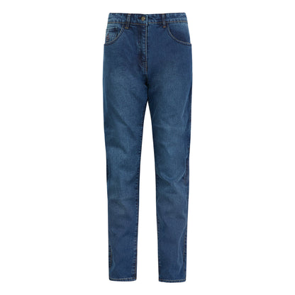 Ladies’ washed blue motorcycle jeans with slim fit, combining style and CE-approved knee and hip armour for women’s safety.