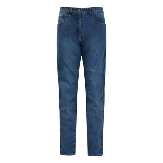 Ladies’ washed blue motorcycle jeans with slim fit, combining style and CE-approved knee and hip armour for women’s safety.