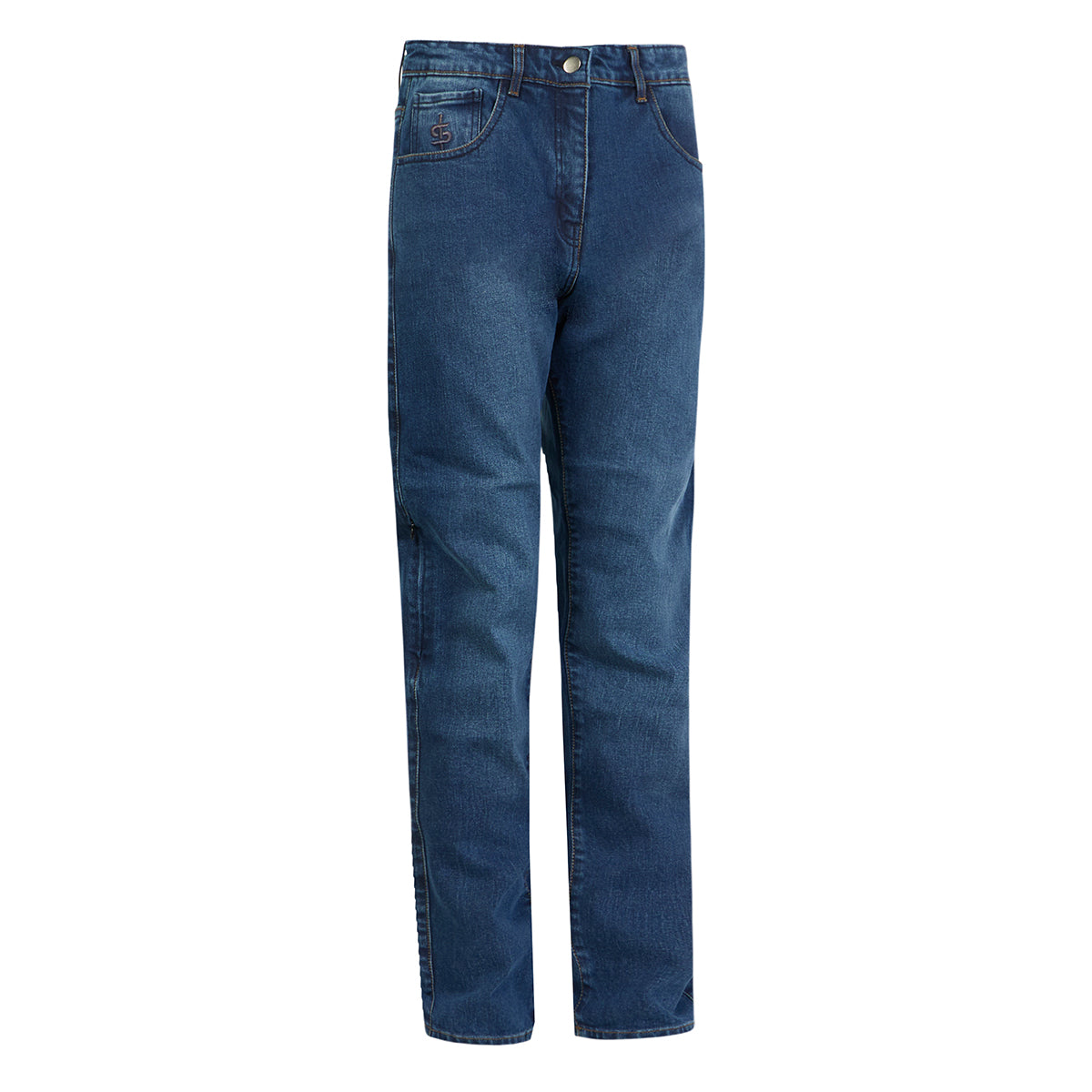 Side view of women’s washed blue motorcycle jeans showing sleek fit and invisible side-entry knee armour pocket designed for ladies.