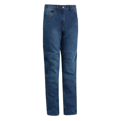 Side view of women’s washed blue motorcycle jeans showing sleek fit and invisible side-entry knee armour pocket designed for ladies.