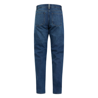 Rear view of women’s washed blue motorcycle jeans highlighting tailored fit, reinforced seat, and protective features for women riders.