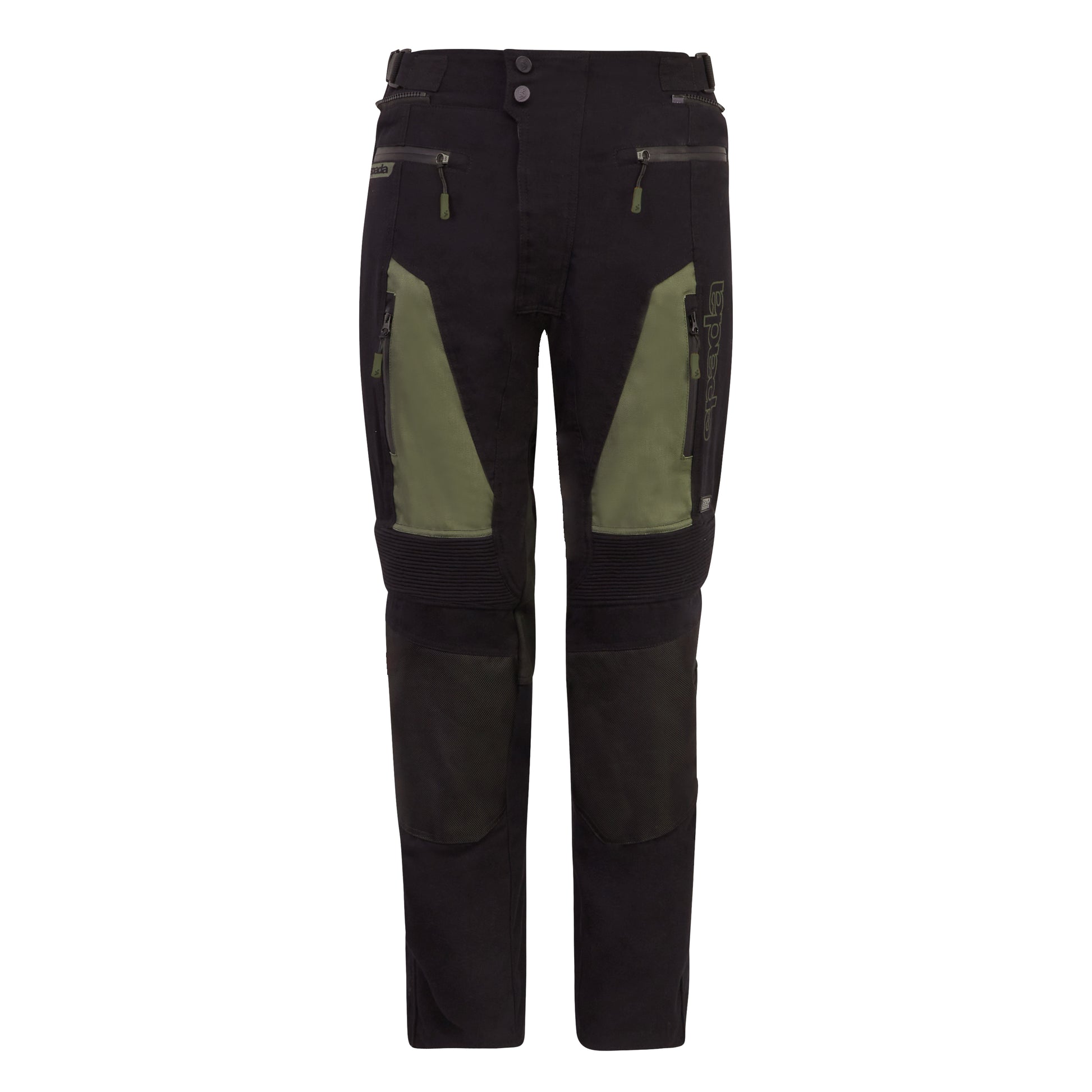 Black and green motorcycle trousers with protective padding on the knees and hips, featuring multiple pockets, air vents on the thighs, and a zip, hook, and loop lower leg closure.
