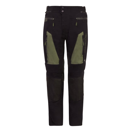 Black and green motorcycle trousers with protective padding on the knees and hips, featuring multiple pockets, air vents on the thighs, and a zip, hook, and loop lower leg closure.