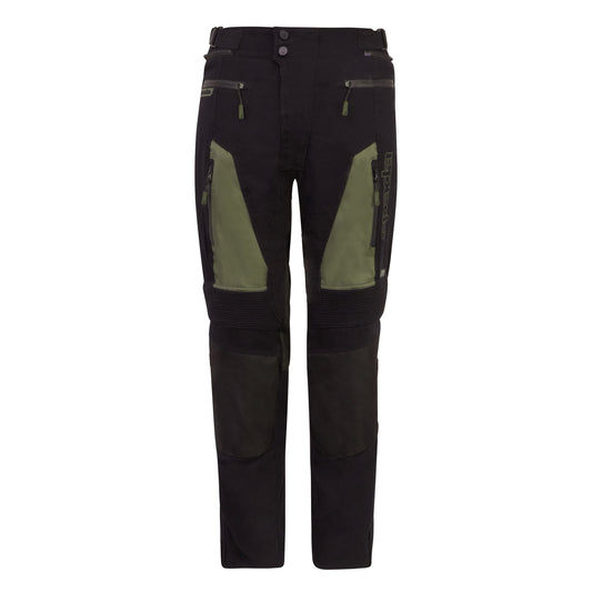 Black and green motorcycle trousers with protective padding on the knees and hips, featuring multiple pockets, air vents on the thighs, and a zip, hook, and loop lower leg closure.