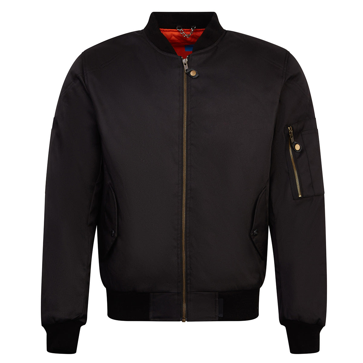 black Spada motorcycle bomber jacket with orange quilted lining and ribbed collar and cuffs