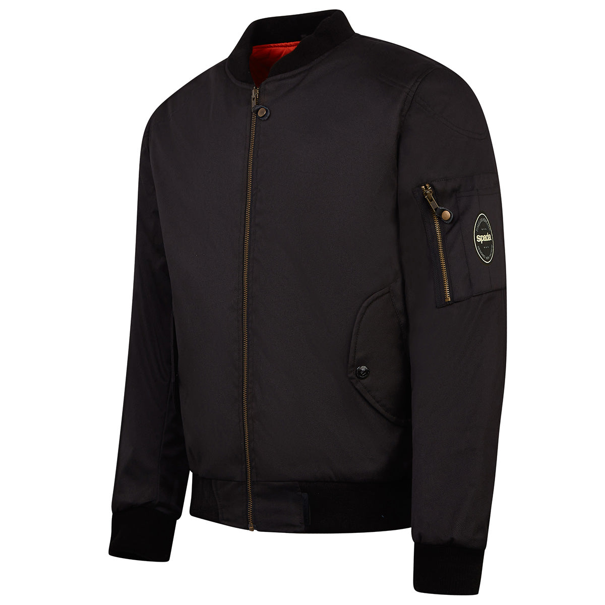 side view of mens black spada motorcycle bomber jacket with quilted orange lining inspired by the aviation heritage