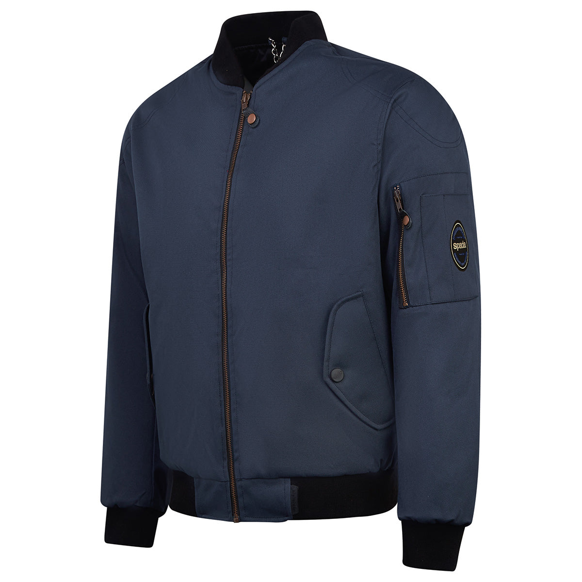 side view of blue bomber jacket for motorbike with padded armour and side arm zip pocket